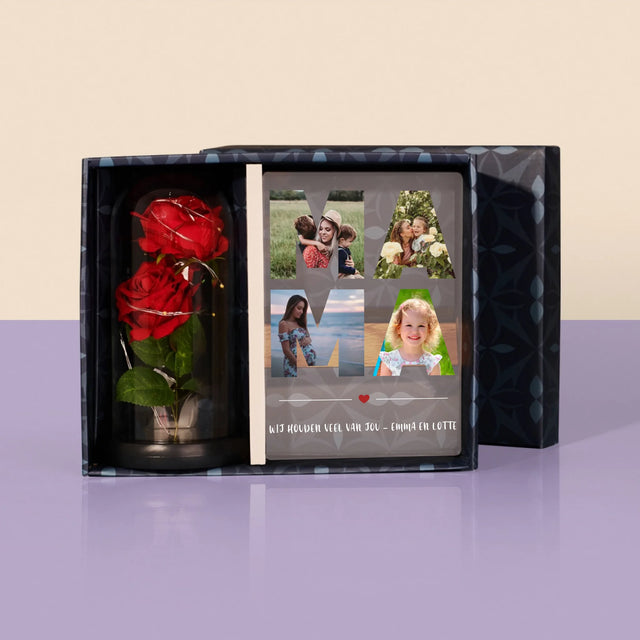 Woord Van Foto'S: Mama - Cadeauset Met Afruk Op Glas En Eeuwige Roos