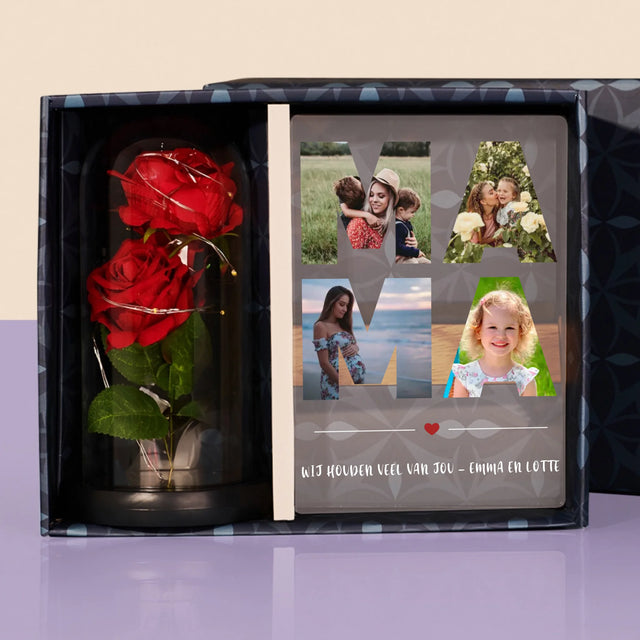 Woord Van Foto'S: Mama - Cadeauset Met Afruk Op Glas En Eeuwige Roos