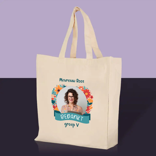 Foto En Handtekening: Bedankt, Kleuterjuf - Canvas Tas