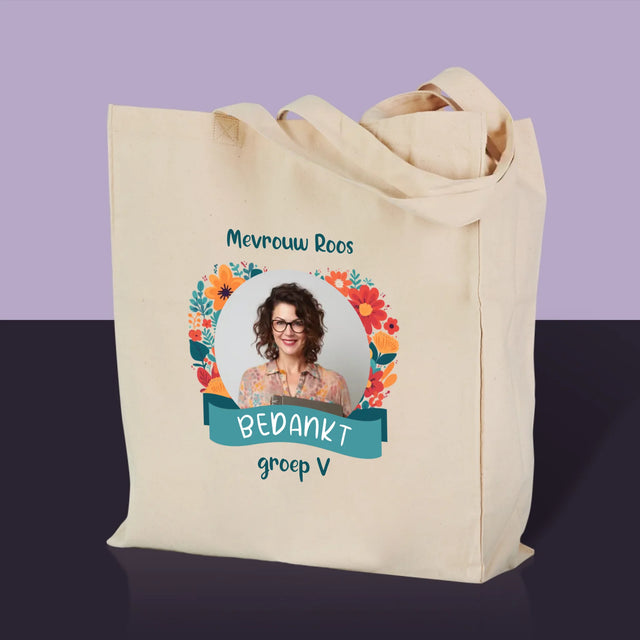 Foto En Handtekening: Bedankt, Kleuterjuf - Canvas Tas