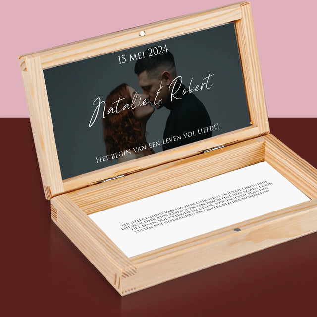 Foto En Handtekening: Trouwfoto Met Wensen - Houten Geldkistje